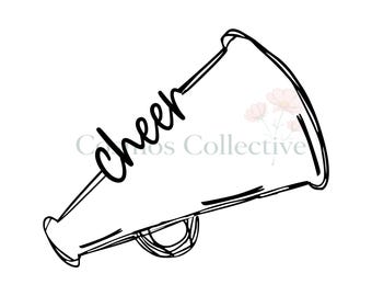 May include: A black and white line art illustration of a megaphone featuring the word cheer written in a cursive script across the side. The design includes a faint watermark of Cosmos Collective and a small floral graphic near the opening.