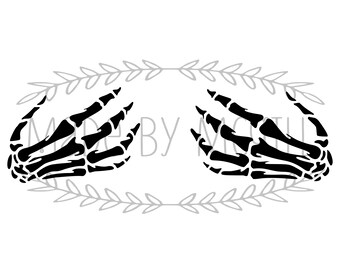 May include: Black skeleton hands graphic with a gray leaf design. The text "SVG, PNG, JPG, PDF & GSP" is at the top, and "DIGITAL DOWNLOAD" is at the bottom. The words "MADE BY MOLLI" are in the center.