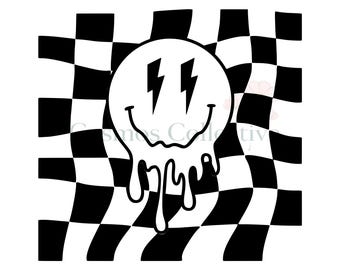 May include: A graphic design featuring a white smiley face with black lightning bolt eyes and a melting bottom edge, centered over a black and white distorted checkerboard pattern. The text Cosmos Collective is visible in the center.