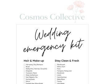 May include: A white rectangular wedding emergency kit checklist with black text. The header reads Cosmos Collective with a floral graphic. The list is divided into two columns: Hair & Make-up and Stay Clean & Fresh, each with checkboxes.