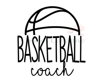 May include: A black graphic design featuring a stylized basketball outline at the top. Below the basketball, the word BASKETBALL is written in a tall, bold, sans-serif font, followed by the word coach in a smaller, cursive script font.