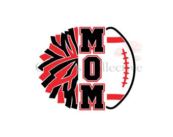 May include: A graphic design featuring the word MOM in bold black letters with red outlines. The left side of the design shows a black and red pom-pom, while the right side depicts a white football with red laces and red horizontal stripes.