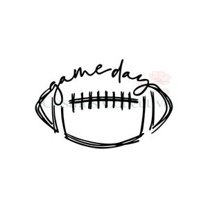 May include: A black line drawing of an American football with the text game day written in a cursive script above the laces. The illustration features a hand-drawn aesthetic with loose, sketchy outlines forming the shape of the football.