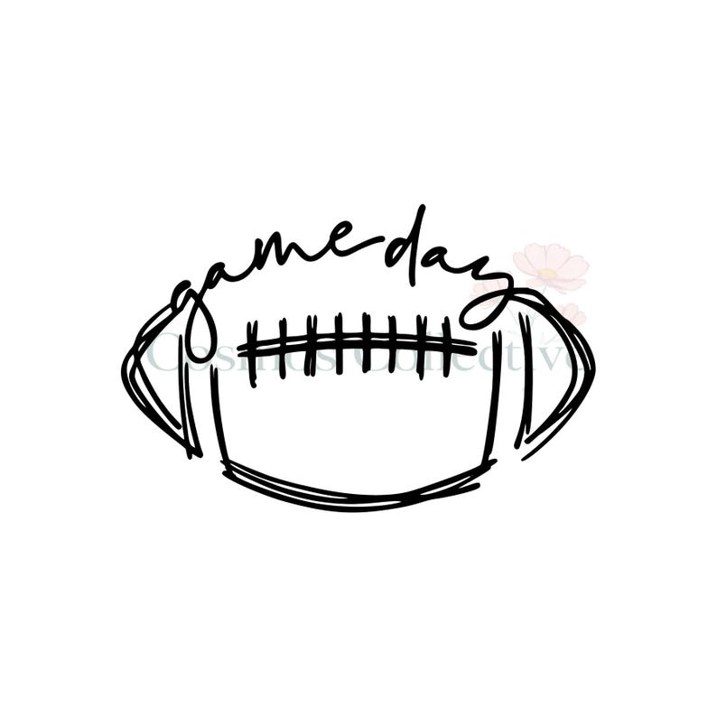 May include: A black line drawing of an American football with the text game day written in a cursive script above the laces. The illustration features a hand-drawn aesthetic with loose, sketchy outlines forming the shape of the football.