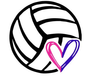 May include: A black and white volleyball with a pink and purple heart graphic. The volleyball is stylized with thick black lines, and the heart is hand-drawn with a playful aesthetic. The image is on a white background.