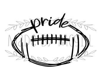 May include: Black and white digital download graphic featuring a football shape with the word "pride" in script. The design includes the text "SVG, PNG, JPG, PDF & GSP" and "DIGITAL DOWNLOAD".