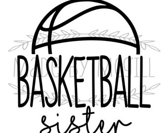 May include: A black and white digital download graphic featuring a basketball design with the words "BASKETBALL sister". The design includes the text "SVG, PNG, JPG, PDF & GSP" at the top and "DIGITAL DOWNLOAD" at the bottom.
