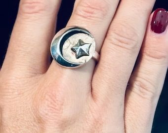 Graduation Gift  Silver Crescent Moon and Star Ring: Celestial Jewelry