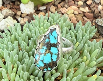 May include: A teardrop-shaped ring featuring a bright turquoise stone with dark brown matrix patterns, set in a polished silver band. The stone displays a vibrant blue color with intricate, web-like dark veining throughout its surface.