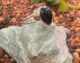 Graduation Gift Onyx Heart Ring, Sterling Silver Bezel, US Size 6