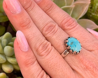 Graduation Gift  Silver Turquoise Statement Ring, Size 7