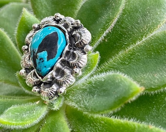 Sterling Silver Turquoise Ring, Shell Design, Size 7 1/4