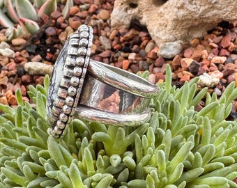 Graduation Gift  ring Hubei Turquoise Ring: Sterling Silver Beaded Border Size 9.5
