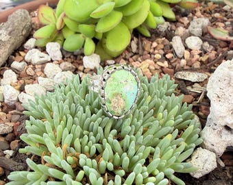 May include: A silver ring featuring a large, oval-shaped, light green turquoise stone with natural brown matrix inclusions. The stone is set in a serrated silver bezel, and the band has a textured, hammered finish on the visible side.