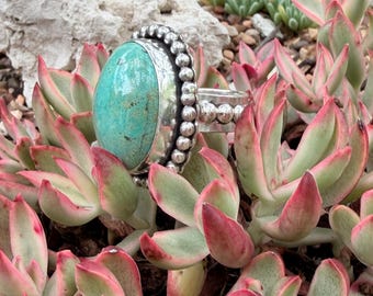 Graduation Gift  Silver Turquoise Beaded Halo Ring Size 7 Southwest Artisan Jewelry