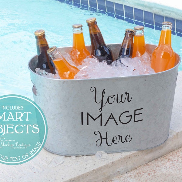 SVG Design Mockup, Ice Bucket with Soft Drinks, Poolside Entertaining, Summer Picnic, Galvanized Tub, Smart Object