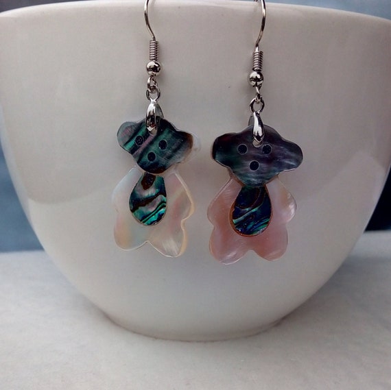 Polar Bear Pendant Necklace on Pink Cord Beautiful Abalone Paua Shell Bear
