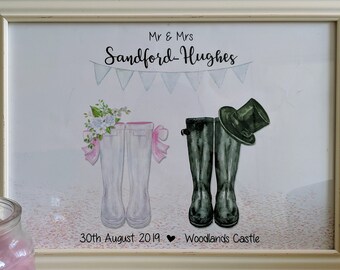Framed Personalised Wedding Wellington Boot, Welly Boot Print, Wedding Print, Home Decor / Wall Art, Custom Family Picture, Anniversary