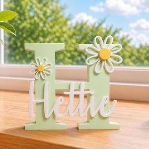 May include: A pastel green wooden letter 'H' with the name 'Hettie' in white script. The letter is adorned with white daisies with yellow centres. A rainbow and a potted plant are also visible.
