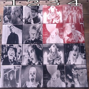 May include: A collage of 16 black and white images of horror movie characters. The images are arranged in a 4x4 grid. The characters include Pennywise the Dancing Clown, Freddy Krueger, Jason Voorhees, Michael Myers, and others.