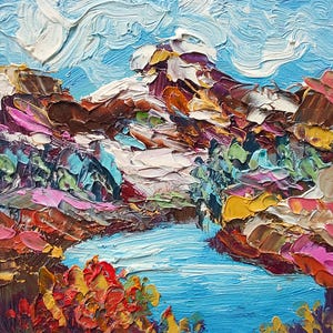 Pintura al óleo de paisaje de montaña con árboles, pintura original pintada a mano, 10 x 10 cm, decoración del hogar en miniatura de NataRoutine Art #4