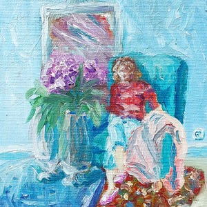 Mujer pintando pintura al óleo original 13 x 18 cm (5 por 7") Decoración de arte de pared en miniatura Decoración del hogar por NataRoutine Art
