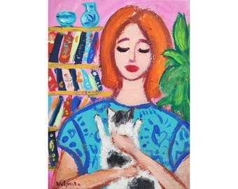 Cat Love Woman Face Original Canvas Colorful Painting Interior Wall Art 18 x 24 cm (7 by 9") #100 Home Art Decor by NataRoutine Art