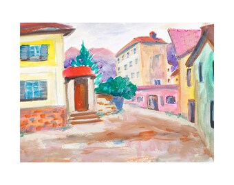 Toskana Altstadt Gemälde Original Painting Acrylic Artwork Blumen Wall Art Home Decor 29,7x21cm DIN A4 (12 by 8") by NataRoutine Art