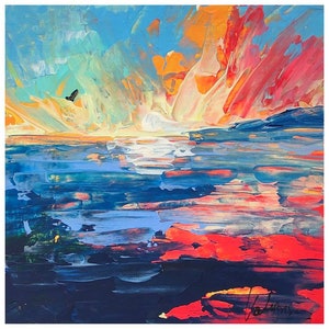 Pintura de paisaje marino al atardecer, obra de arte original en acrílico, pintura de paisaje, arte de pared, decoración del hogar, 13 x 13 cm (5 x 5"), n.° 224 de NataRoutine Art