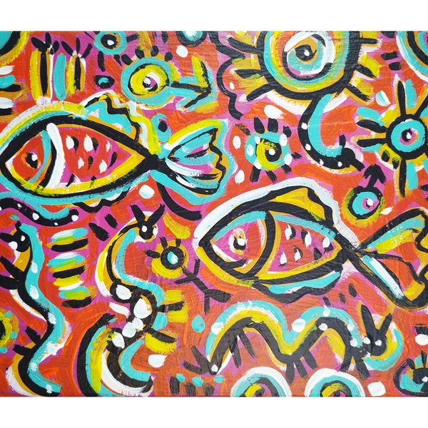 Fish Abstract Painting Red Blue Abstract Art 24x30cm (9 by 11 ") #20 by NataRoutineArt