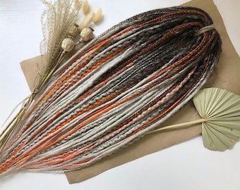 Boho dreadlocks, Brown dread, Gray, Orange color, Dreadlock extensions, Synthetic dreads, Full set, Mix of double-ended dreads and braids