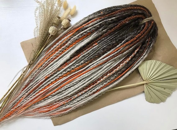 Boho dreadlocks, Brown dread, Gray, Orange color, Dreadlock extensions, Synthetic dreads, Full set, Mix of double-ended dreads and braids