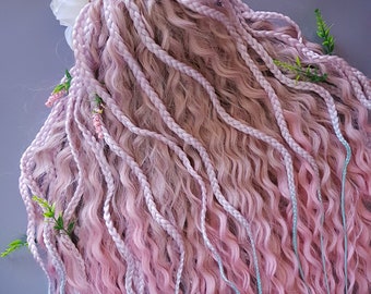 Curly dreadlocks and braids, In stock, Boho style, Wavy synthetic dreads, Pink ombre blue color, Hair extensions, De dreads, DE braids