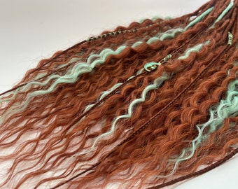 Boho Wavy Dreadlocks Extensions "Copper Tide" Set with Braids 24 Inches, Ginger and Mint colour, Synthetic Double Ended Dreads