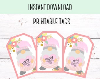 Gnome Valentine's Day printable tags, Pink Gnome Valentines gift tags, Gnome printable tags, V-Day Printable tags, Instant Download Tags