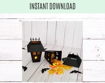 Halloween lantern cut file, Haunted House Lantern SVG file, download haunted house treat box, SVG file Halloween decor