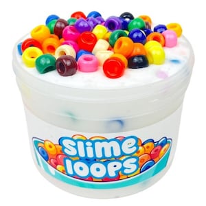May include: A clear plastic container filled with white slime and colorful beads. The beads are various colors, including red, yellow, green, blue, and purple. The container has a label that reads "Slime Loops" in a playful font.