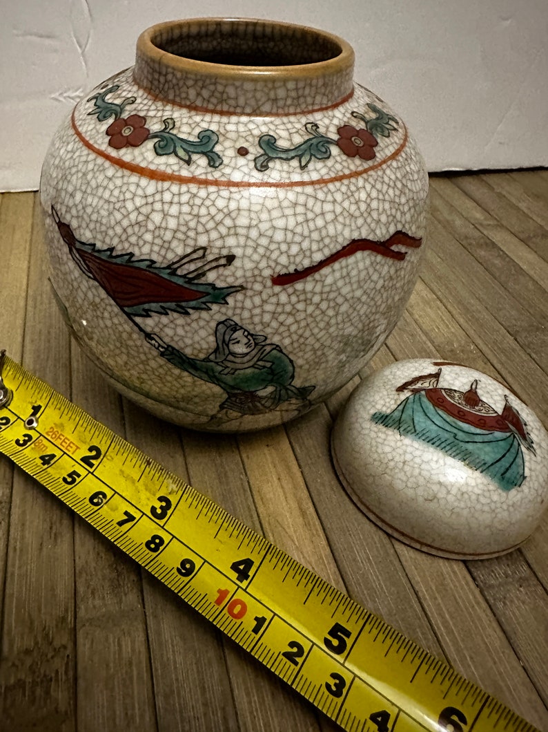 Vintage Chinese Ginger Jar Warrior Design Crazed Glaze Pottery Etsy