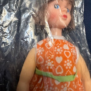 Puede incluir: Una muñeca de plástico con cabello castaño, ojos azules y boca roja. Lleva un vestido naranja con corazones y flores blancas y un cinturón verde.