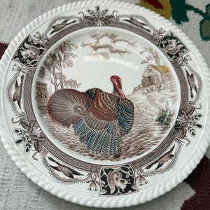 May include: A white ceramic dinner plate featuring a brown and blue turkey illustration. The plate has a rope-like border and a brown and white floral design.