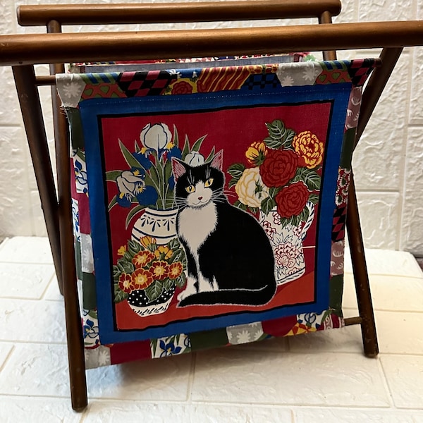 vintage sewing’s basket wooden frame with cloth cat print
