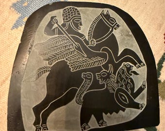 Vintage Carved Slate Plaque, Warrior on Horse, with Chimera, Mesopotamian, Assyrian, Art piece