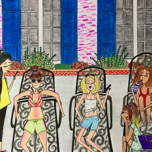 May include: Four women relax in lounge chairs on a patio. One woman is wearing a red swimsuit and holding a blue drink. Another woman is wearing a white tank top and denim shorts. A third woman is wearing a red and white striped bikini top and green shorts. The fourth woman is wearing a blue and white patterned dress and has a purple bag.