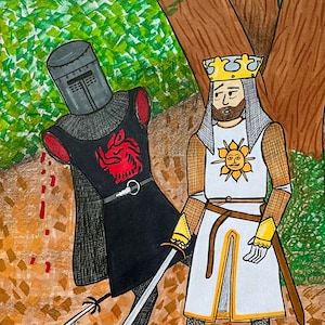 Op de afbeelding: Een handgetekend beeld van twee ridders die elkaar aankijken. De ridder links draagt ​​een zwart harnas met een rood drakenembleem en ligt op de grond met een zwaard dat uit zijn borst steekt. De ridder rechts draagt ​​een wit harnas met een gouden zonembleem en een kroon. De achtergrond is een boslandschap met groene bomen en bruine grond.