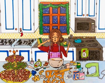 May include: A woman in a red sweater and plaid apron bakes cookies in a kitchen. She is surrounded by cookie cutters, a bowl of dough, and a stand mixer. There are also cookies on a tiered serving tray.
