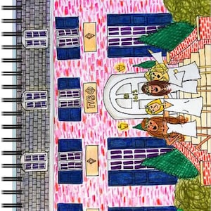 May include: A hand-drawn illustration of a pink brick building with blue windows and a white door. The building has a sign that says "Tri Delta" and there are four women standing on the steps in front of the building. The women are wearing white dresses and have blonde hair.