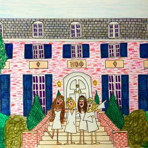 May include: A hand-drawn illustration of a pink brick house with blue shutters and a white door. The house has a sign that says "ПБФ" and the number "1612". Four women in white dresses and floral crowns are standing on the steps in front of the house.