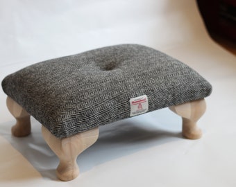 Charcoal Grey Harris Tweed Queen Anne Stool - Small buttoned Footstool - Under Desk Foot Rest - Small Ottoman- Pouffe