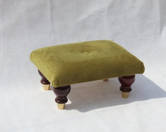 Low Footstool Pouffe - Warwick Fabrics Plush Velvet Moss Green Stool- Foot Rest - Under Desk Foot Rest - Small Buttoned Ottoman