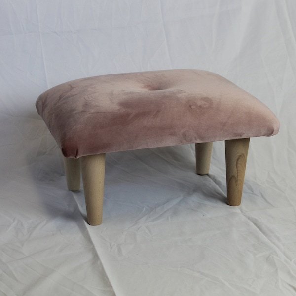 Small Buttoned Footstool Pouffe - Plush Velvet Blush Pink Mini Stool- Foot Rest - Under Desk Foot Rest - Small Ottoman- Various Colours